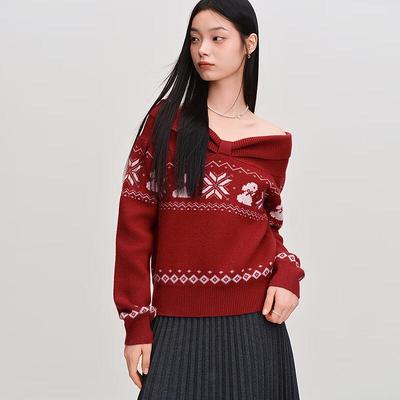 LEDIN Fair Isle Strickpullover mit Schleifenkragendesign in Rot