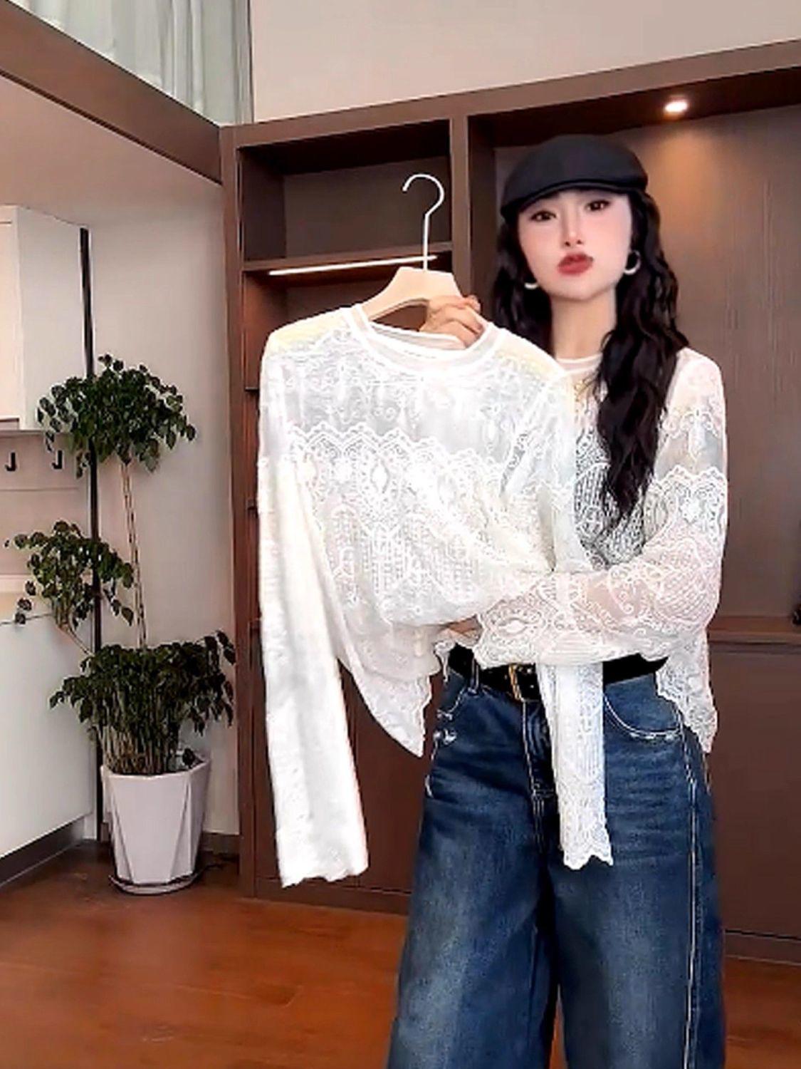 Versatile Korean Style 2026 Autumn/Winter Cable Knit Round Neck Lace Sweater Large бежевый