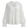 Breathable V Neck Sheath Tees Shirt Lantern Sleeves Blouse Fashion Lace Splicing Tops  Lady