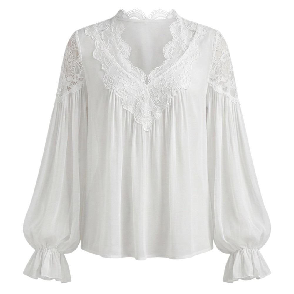 Breathable V Neck Sheath Tees Shirt Lantern Sleeves Blouse Fashion Lace Splicing Tops  Lady