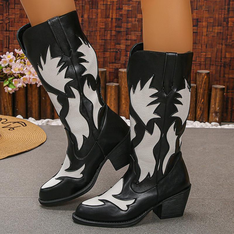 Fashion Women's Western Cowboy Boots Pointed Toe Chunky Heel Mid Calf Botas Mujer 2025 Autumn Winter PU Leather Riding Boots Plus Size