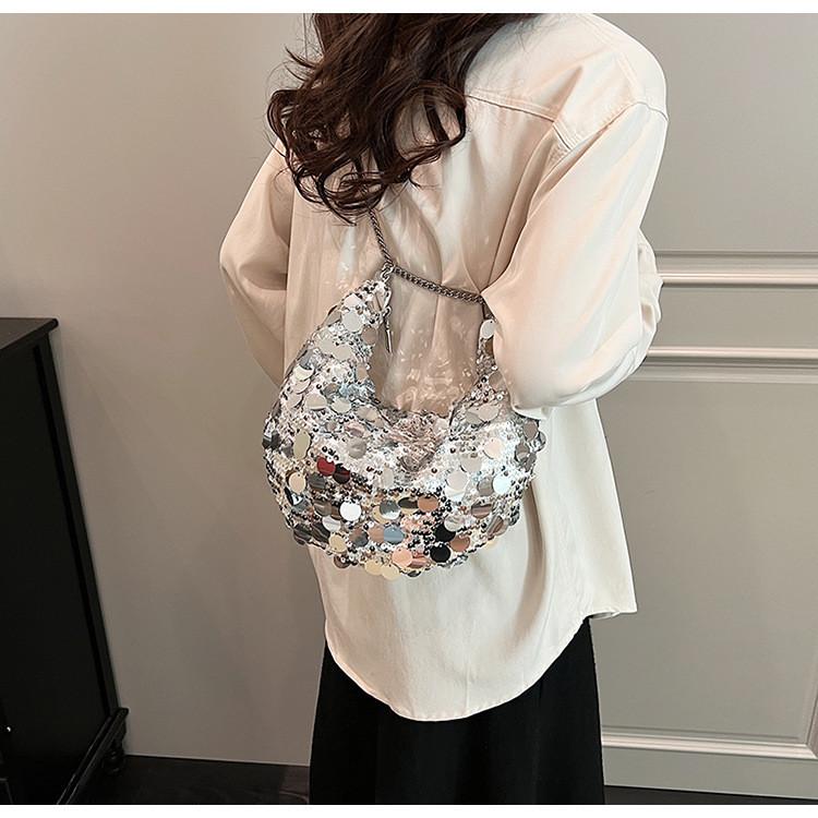 Trendy Korean Style Sparkly Chain Underarm Dumpling Bag Women's Bag 2023 New Winter Shoulder Crossbody Bag
