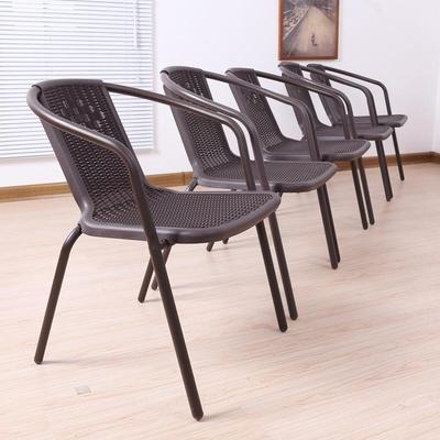 Outdoor Rattan-Style Stackable Patio Chair and Table Set, Wrought Iron Coffee Stool, Ideal for Courtyard or Balcony.