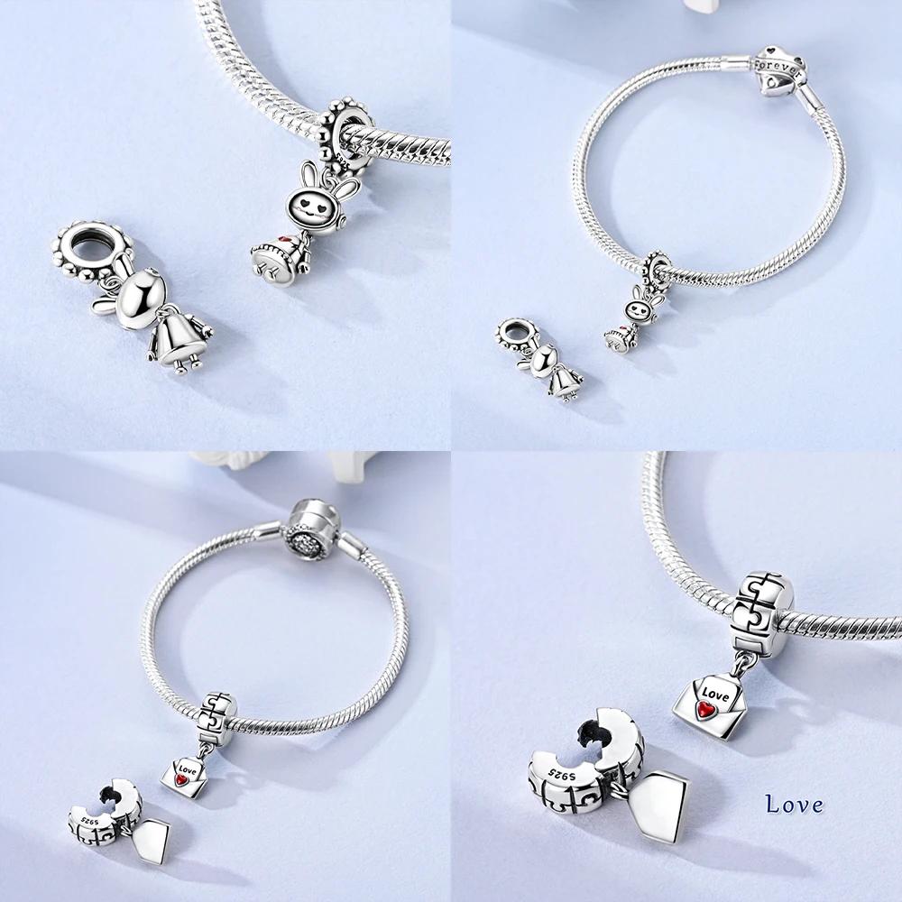 Original Jigsaw Heart Clip Pendant Rabbit Robot Charm Copper Bead Fit Bracelet Women Accessory Valentines Fine Gift Jewelry
