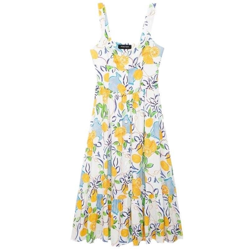 

Fashion Style 2024 Summer New Arrival Women s Sling Linen Print Midi Skirt Mid Length Long Length Dress 3611306 Figure Color L