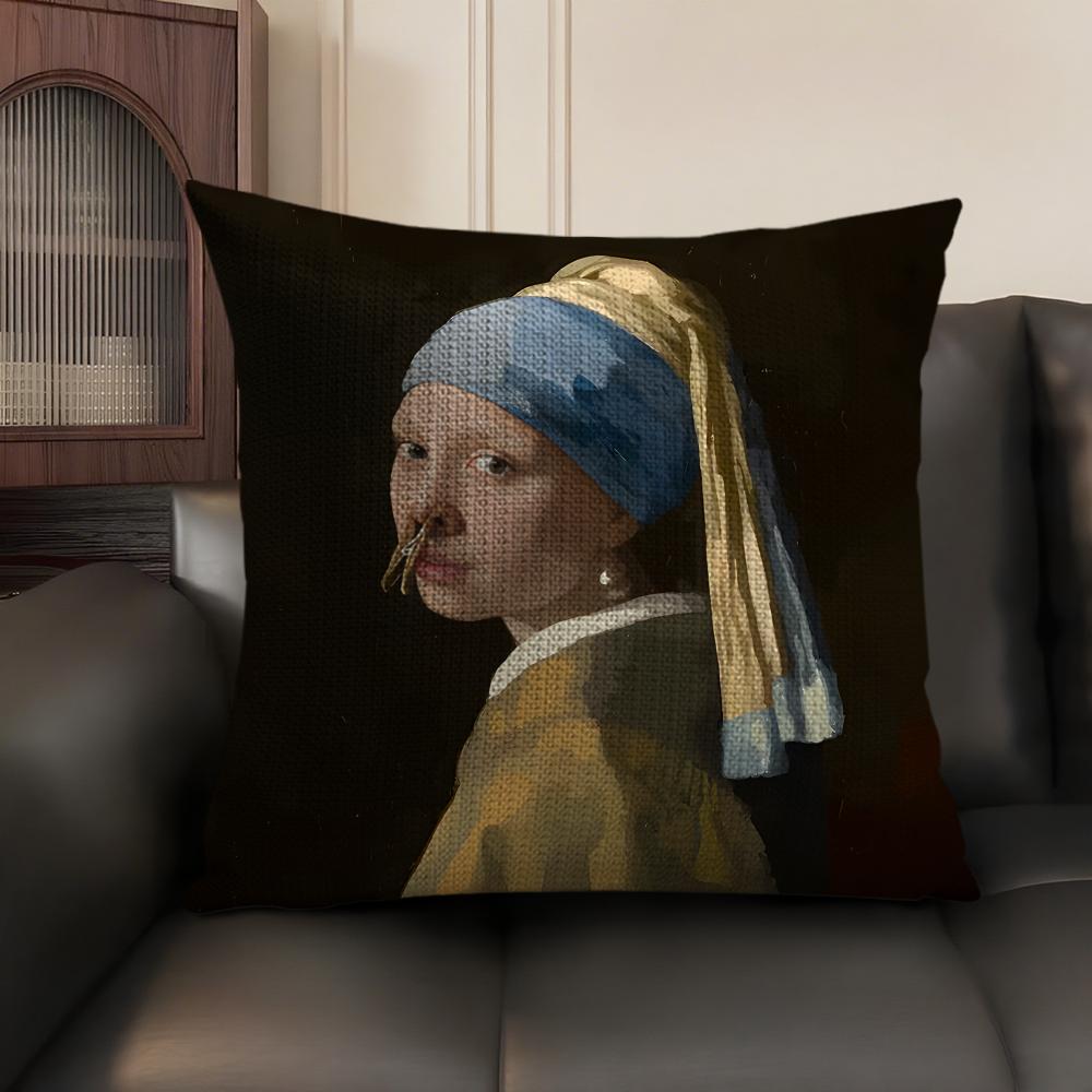 Copricuscino Mona Lisa con Perle Ragazza Lino Naturale Tessuto Biologico Stampa Double-Sided Divano Decorazione Casa Federa Regalo