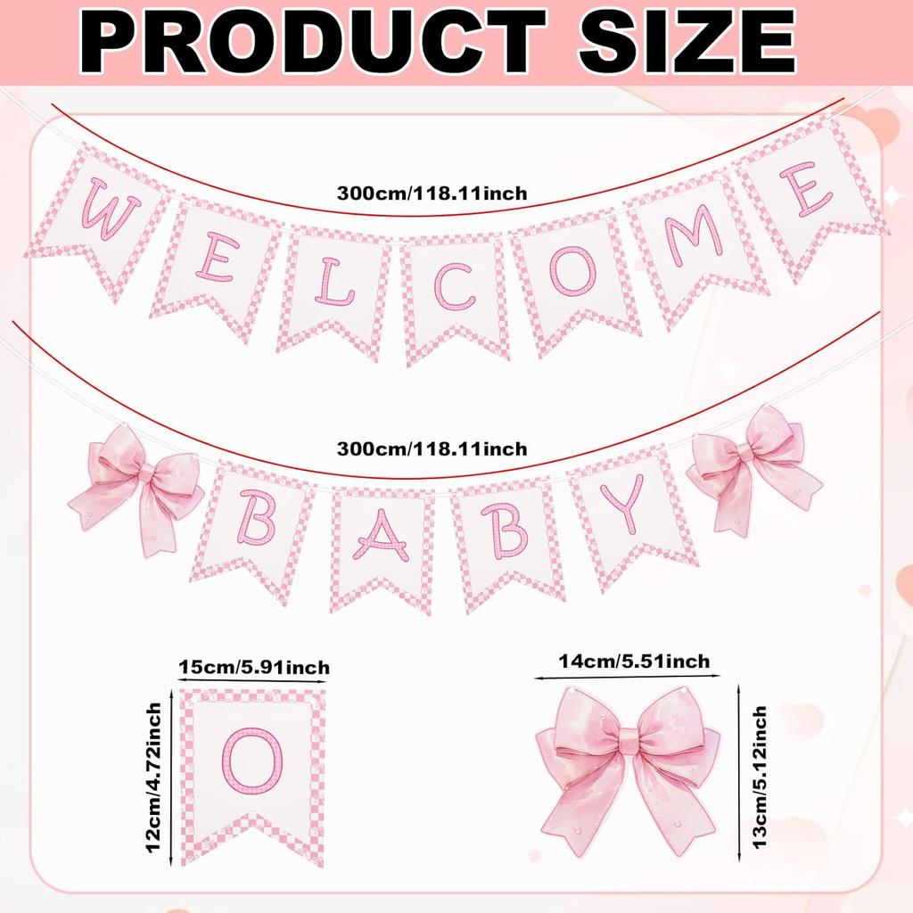 2pcs Welcome Baby Banner, Pre-Strung Pink Bow Welcome Baby Sign Hanging Banner Perfect Decorations and Photo Props for Girls Babies Shower Gender