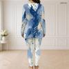Women Plus Size Two Piece Pants Set Half Zip Neck Long Sleeve Blue White Printed Longline Top Fitted Pants
