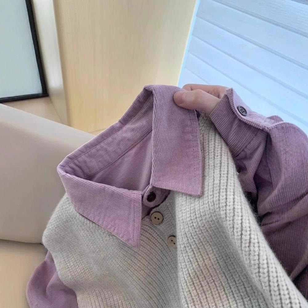 2025 Women's High-End Purple Corduroy Shirt & Knitted Vest Set