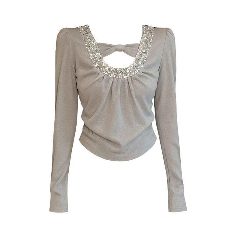 

Women s Retro French Sequin Patchwork Long Sleeve Thermal T-shirt - Slim Fit Autumn/Winter Design Extra Small