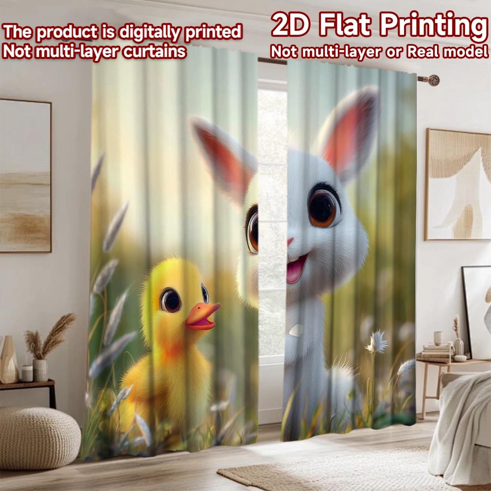 2D Flat Printing 2pcs Window Treatment Curtains Cute Bunny Duckling Spring Digital Printed Polyester Drapes Seasonal Party &