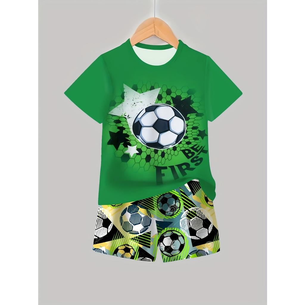 Boys' 3D Printed Soccer  Graphic T-Shirt  Shorts Set - Green  Casual Summer Outfit