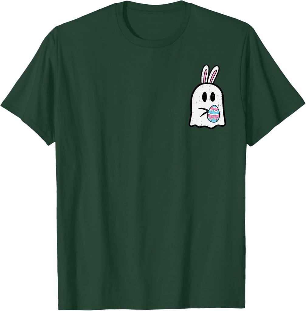 Easter Ghost Bunny Pocket Funny Egg Graphic Tee Soft Cotton Casual T-Shirt for Men Women