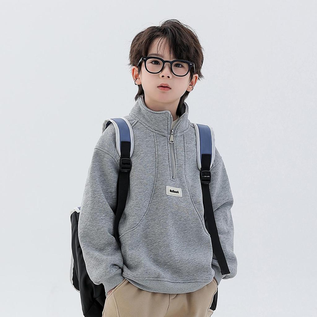 Boys' Fleece-Lined Half-Zip Sweatshirt: Trendy, Warm, Long-Sleeved Top for Autumn/Winter 2025