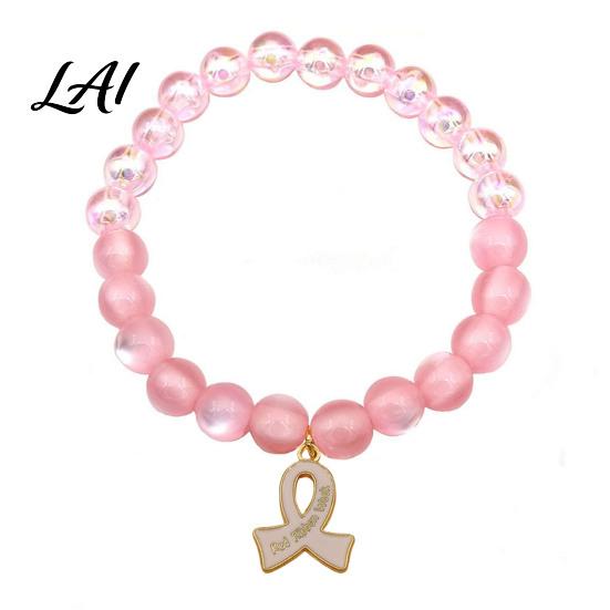 Versatile Commuting Casual Bracelet Breast Cancer Awareness Bracelets for Women Ribbon Support Ornament Charm Beaded Elastic Bracelet Encouragement