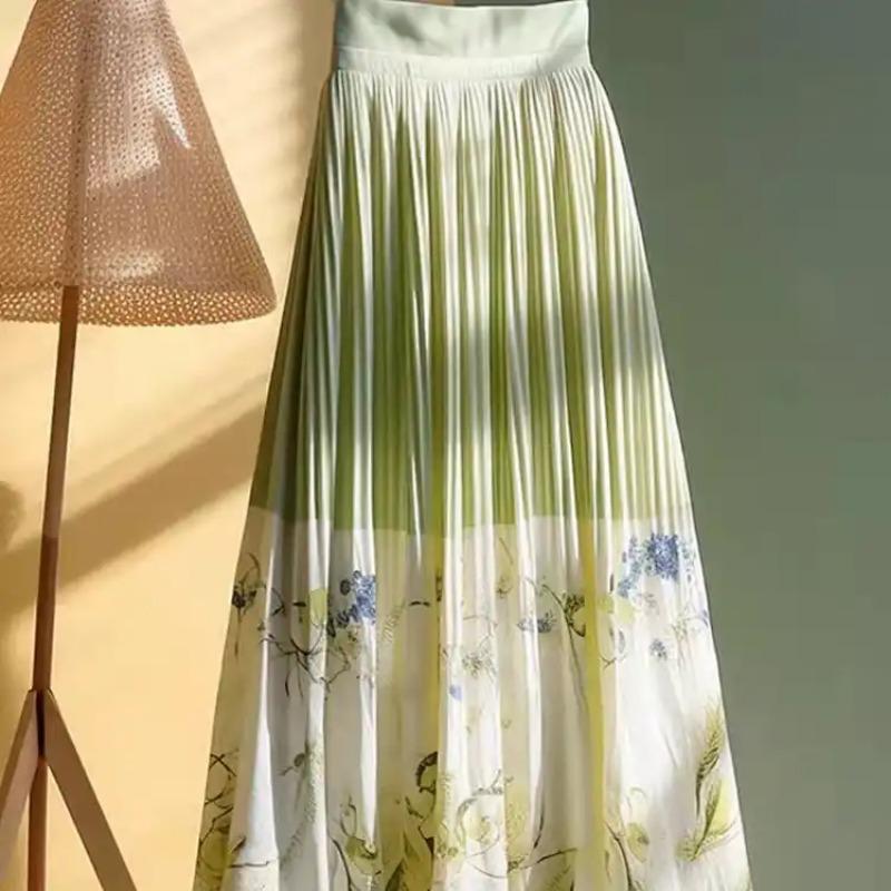women floral print pleated midi skirt high waist casual solid color a-line flowy skirt S зелёный