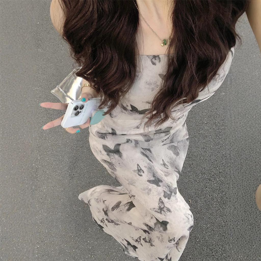 (Double layer) ink butterfly dress summer Korean version new pleated waist thin sleeveless vest long dress women