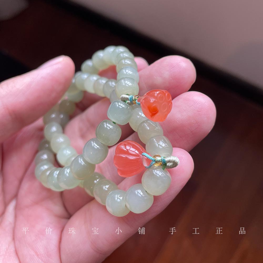 Leak Picking Natural Qinghai Hetian Jade Green Jade Women's Single-Strand Bracelet 8mm Old-styled bead