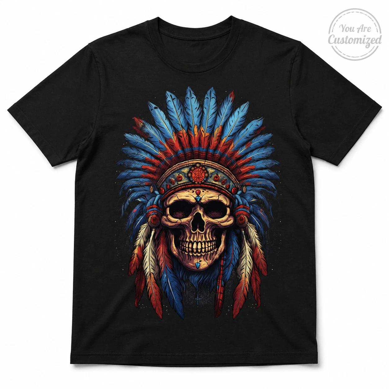 Skull Feather Headdress T-Shirt Black or White Unisex Tribal Style Graphic Tee 3XL