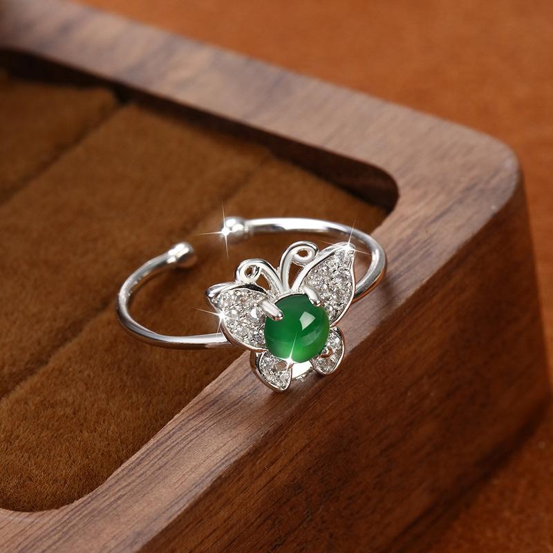

Natural jadeite s925 sterling silver butterfly ring silver inlaid egg surface versatile fashion adjustable ring accessories women s daily jewelry gift opening adjustable