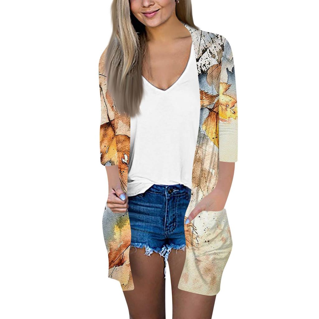 Damenmode Locker Lässig Tasche Bedruckt Strickjacke Siebenärmel Jacke Oberteil