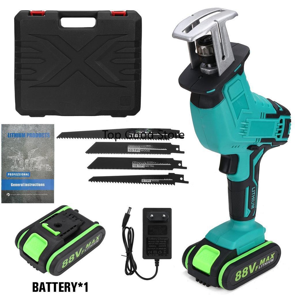 88V Multifunction Saw Cordless Reciprocating Saw Handsaw Saber Saw for Metal Wood Pipe Cutting Saw with 4 Blades Kit Blue