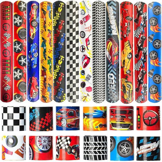 24 Pcs Race Car Party Decorations Favors Racing Bracelet Racing Wristbands Bracelet Checkered Slap Bracelets Dirt Bike Task Game Decorations Car