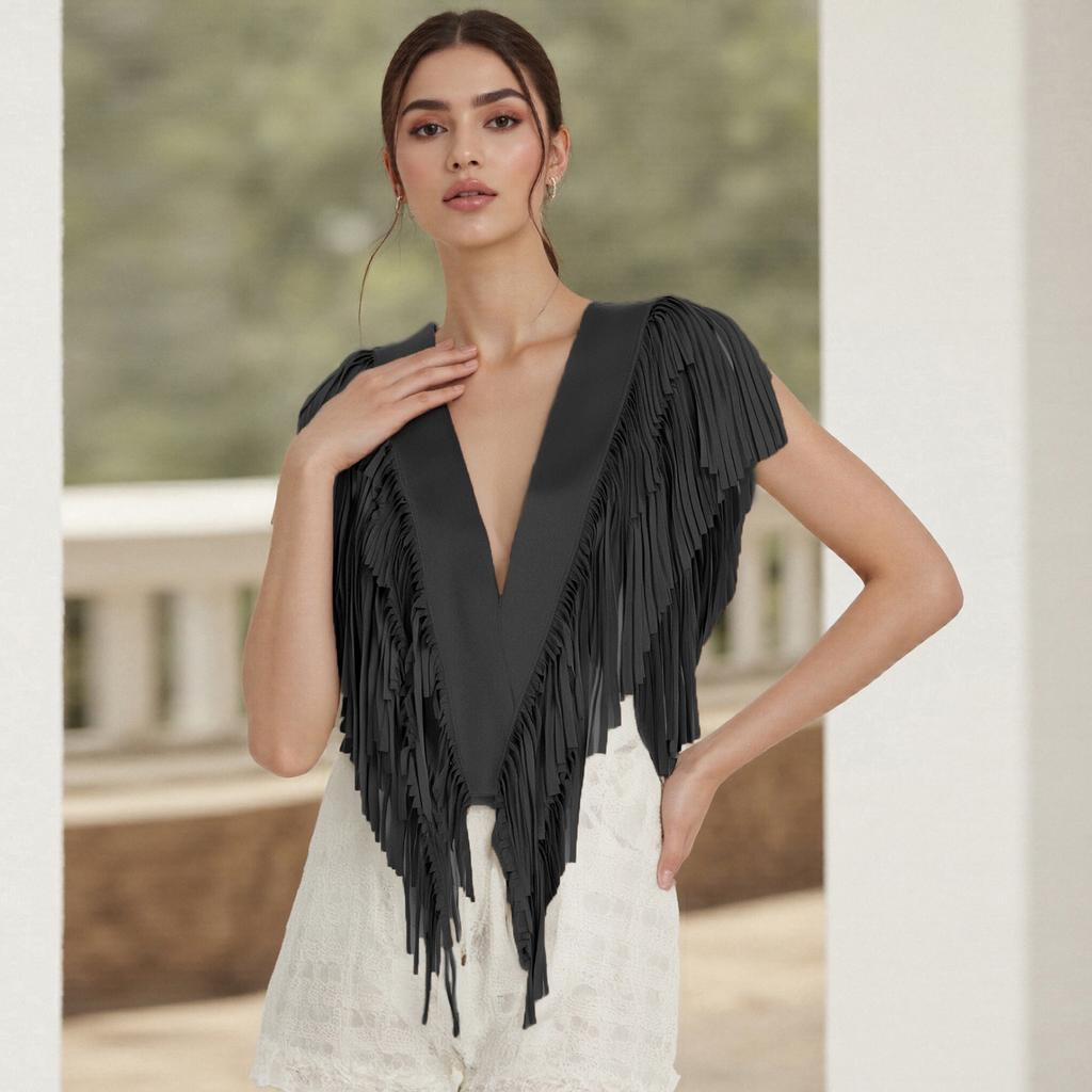 Damen Wildleder Quasten Weste 70er Jahre Hippie Outfit Ärmellos Offene Vorderseite Weste Western Kragen
