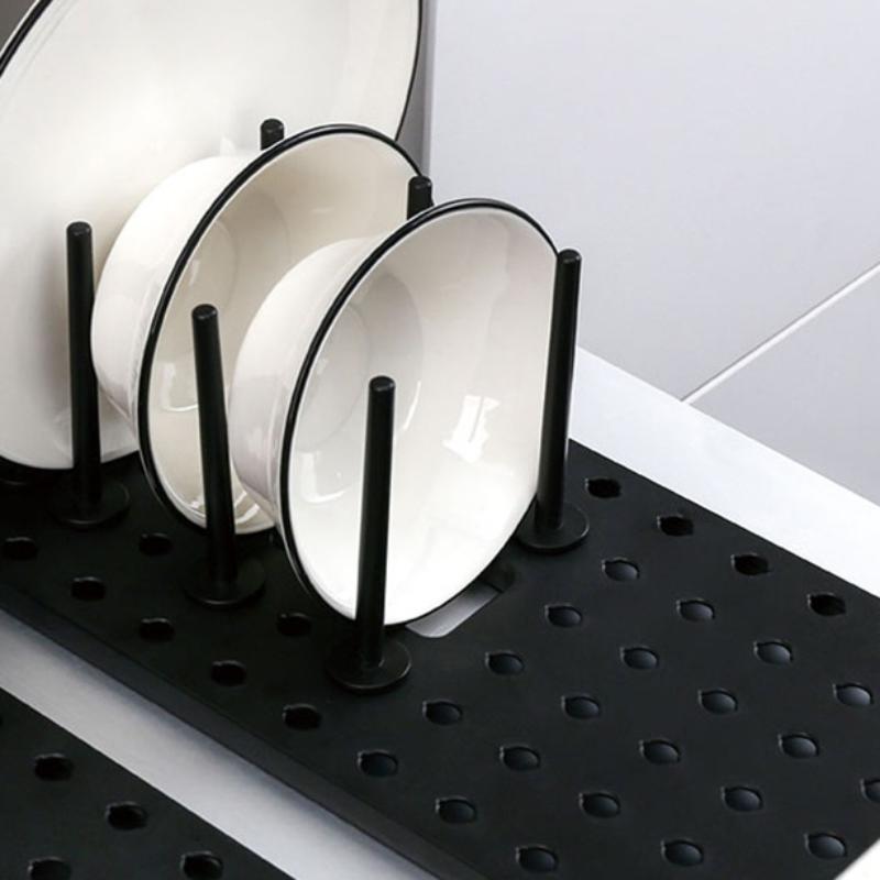 Organizador de gavetas, prateleira de armazenamento expansível para cozinha, placa de grampos com fundo antiderrapante e 12 pinos, placa de armazenamento de placas telescópicas