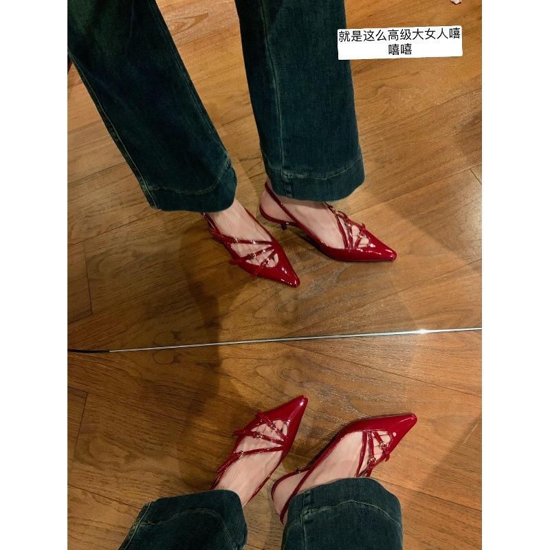 Sheepskin version of your miu pointed toe bag head buckle rear empty high heel sandals women's commuter dinner shoes