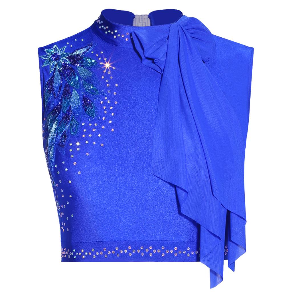 Womens Modern Dance Crop Top Sequin Embroidery Bow Decor Sleeveless Back Hollow Out Dancewear