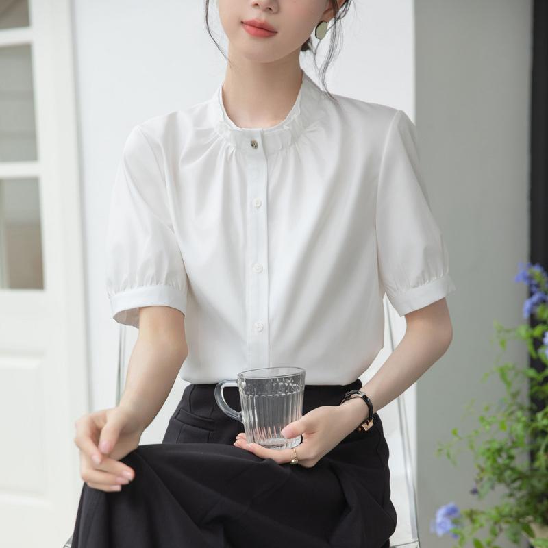GMXIA Women's Blue Short Sleeve Shirt Summer Tops Premium Feeling Temperament Commuting Interview Career Small Shirt