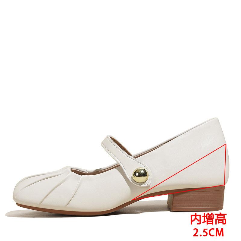 Small inner height increase pleated single shoes women's new fashionable versatile silver square head light mouth word with Mary Jane shoes