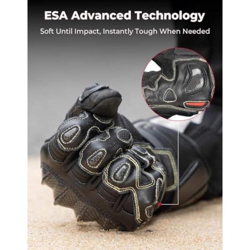 Motorcycle riding gloves for men and women, genuine leather with black color, CE-certified with ESA cushioning, Kevlar and carb