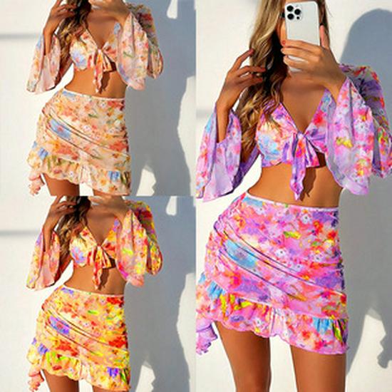 European and American Print Zipper One-Piece Swimsuit: Women's Sunscreen Long Sleeve Beachwear