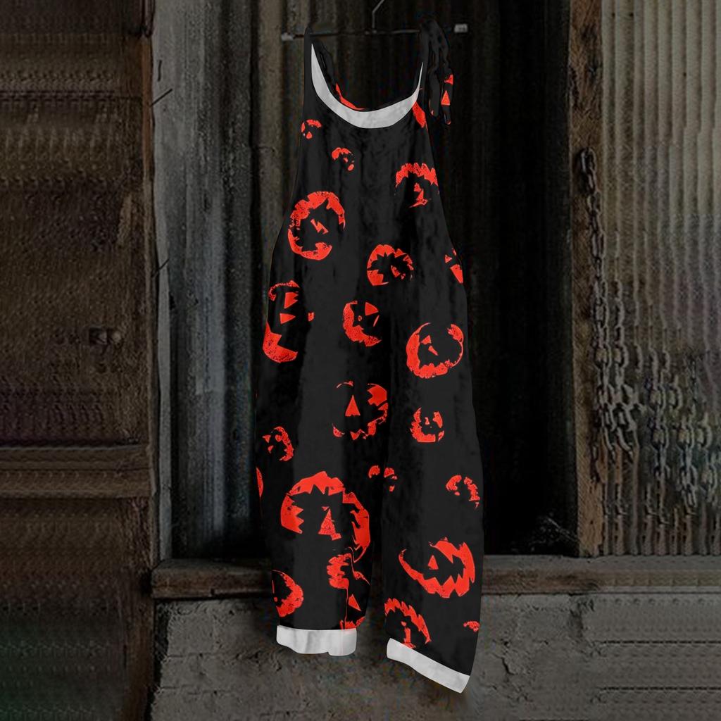 Women Halloween Printed Loose Casual Vintage Style Linen Blend Overalls Adjustable Strap Wide Leg Jumpsuit