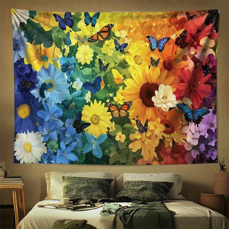

Brightly colored flowered butterfly Digital printing polyester wall tapestry suitable for use in living rooms offices bars party 74x94cm(29x37in)