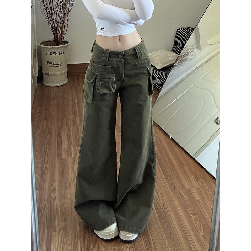 Women s 2026 Spring Military Green Cargo Micro-Flare Jeans Extra Large