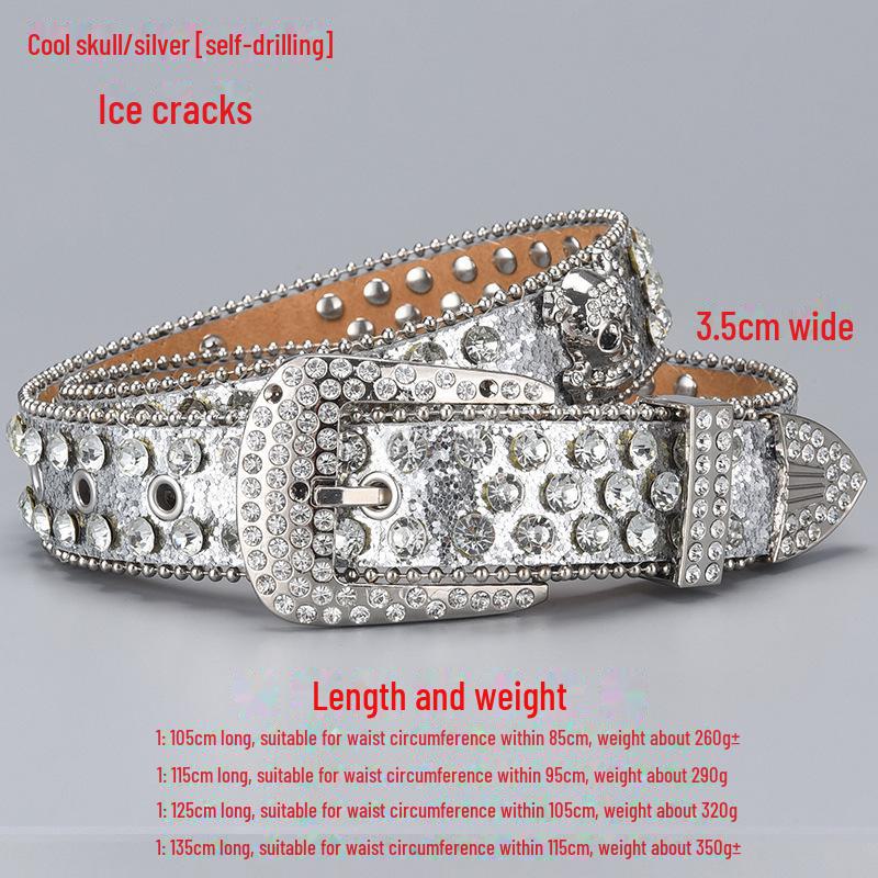 Curea de lux cu cataramă cu strasuri și craniu închis la culoare, cu paiete și diamante