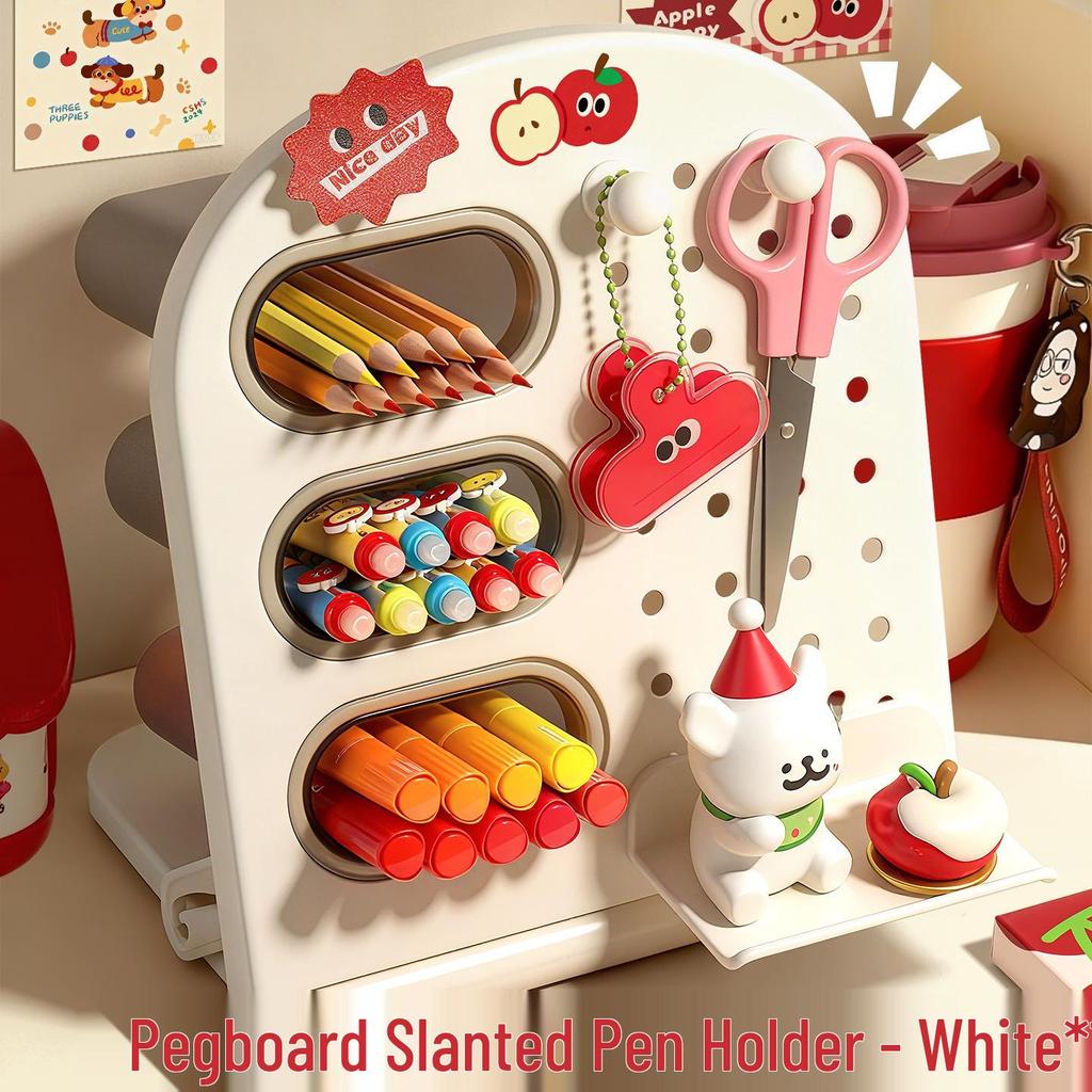 Slanted Pegboard Pen Holder & Large Capacity Desk Organizer for Students and Children