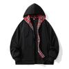 Plus Size Cardigan Hooded Sweatshirt Men's Loose Checkered Top Zipper Jacket