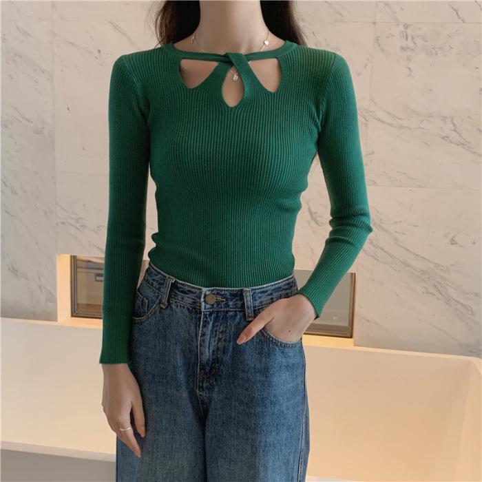 Women's Chic Hollow-Out Slim Fit Long Sleeve Knit Sweater - Autumn/Winter Collection