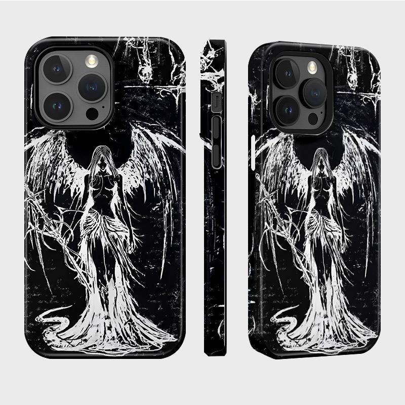Lesklý kryt na telefon s sublimační úpravou Pevný plast + měkká skořepina TPU Černý s andělským vzorem Plně ochranný zadní kryt pro iPhone Samsung