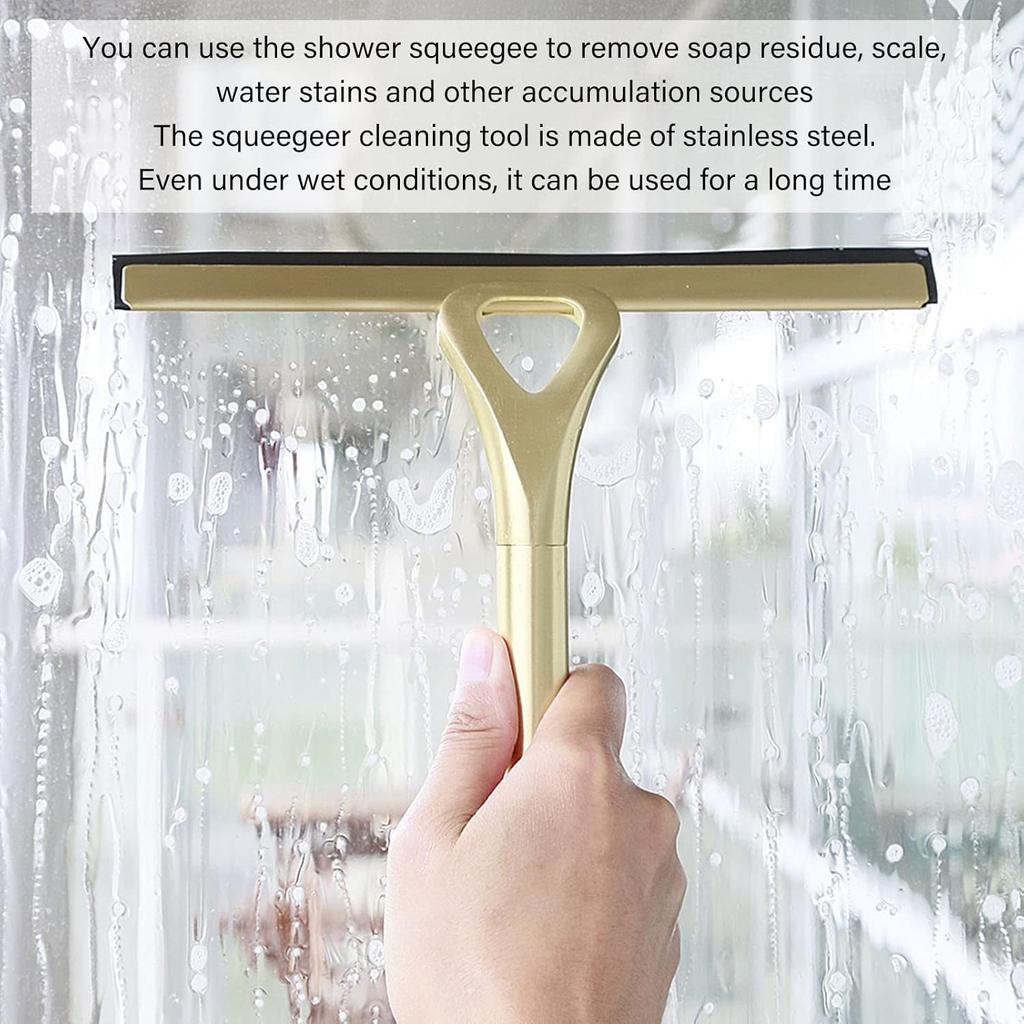 Shower Squeegee for Glass Doors with Adhesive Hook Gold Window Squeegee Rubber Scraper for Bathroom, Window, Mirror, Car Glass, Tile Wall