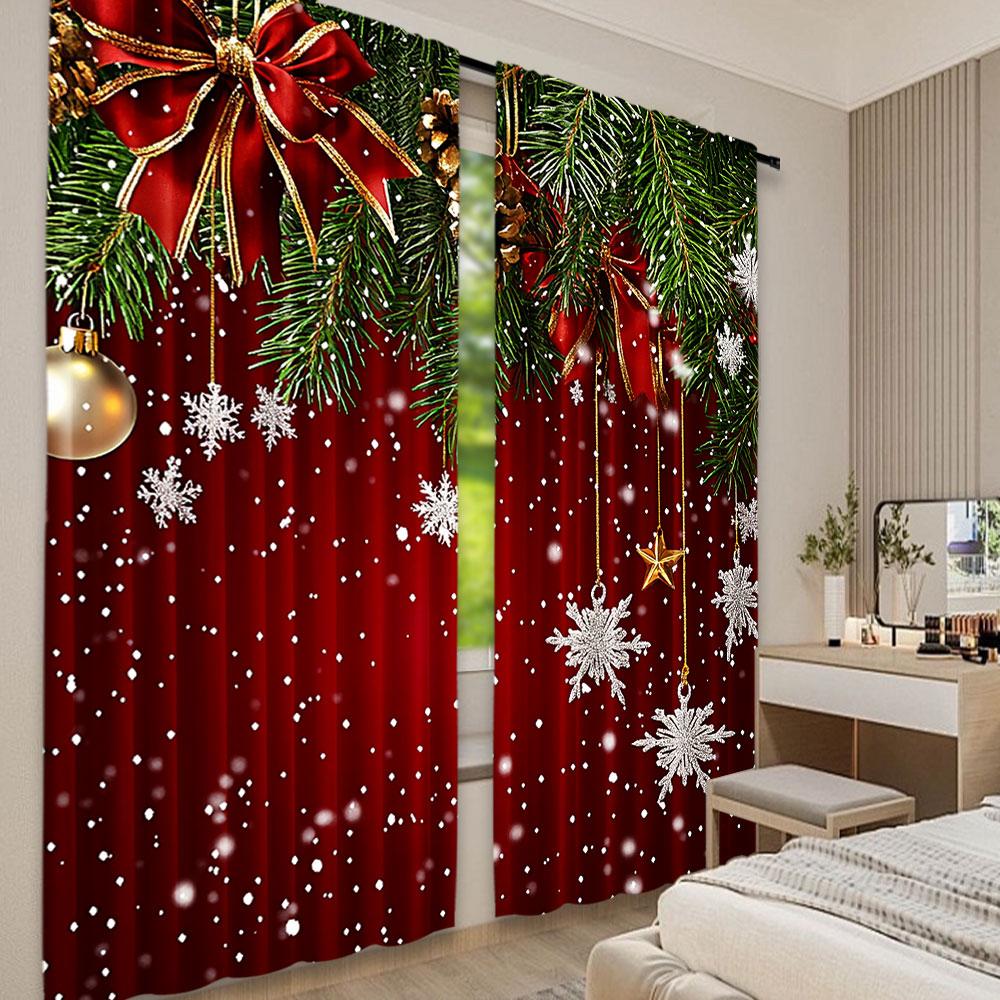 2Pcs Christmas Curtains Classical Pine Tree Snowflakes Red Green Xmas Room Suitable For Living Room Bedroom Kitchen And Bathroom