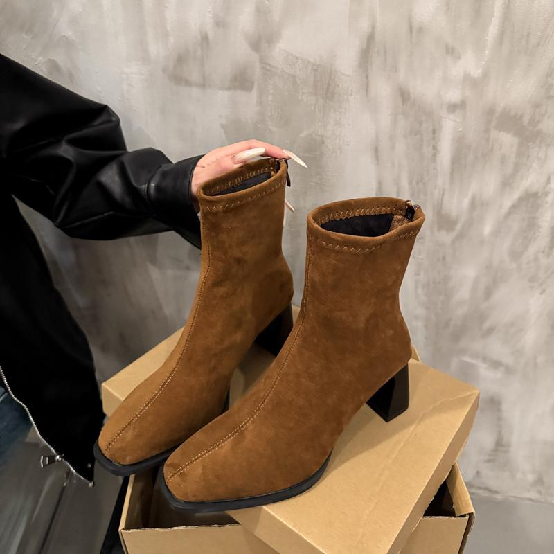 Fashion Autumn Winter Square Toe Slim Women Ankle Boots Street Style Party Short Plush Shoes High Heel Short Botas Mujer