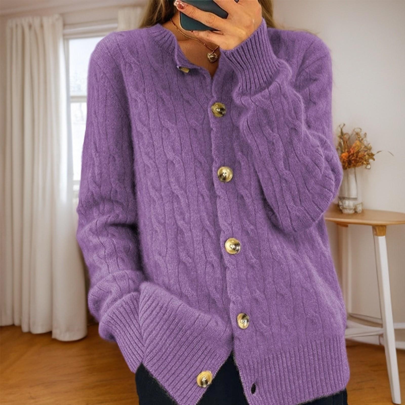 

Женская мода однотонный длинный рукав круглый вырез вязаный кардиган пуговиц свитер куртка XL фиолетовый