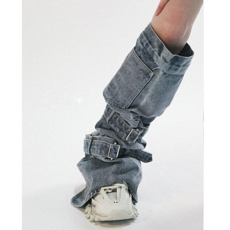 Womens Harajuku Punk Rock Denim Leg Warmer Socks Gothic Bandage Buckled Knee High Foot Cover Aesthetic Grunge Streetwear
