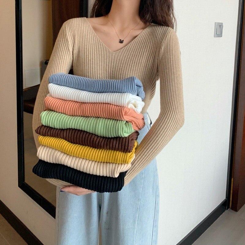 Autumn Winter Long Sleeve Slim Fit Pullovers Office Lady Fashion V-neck Solid Color Knit Tops Sweaters For Women Clothing 28684