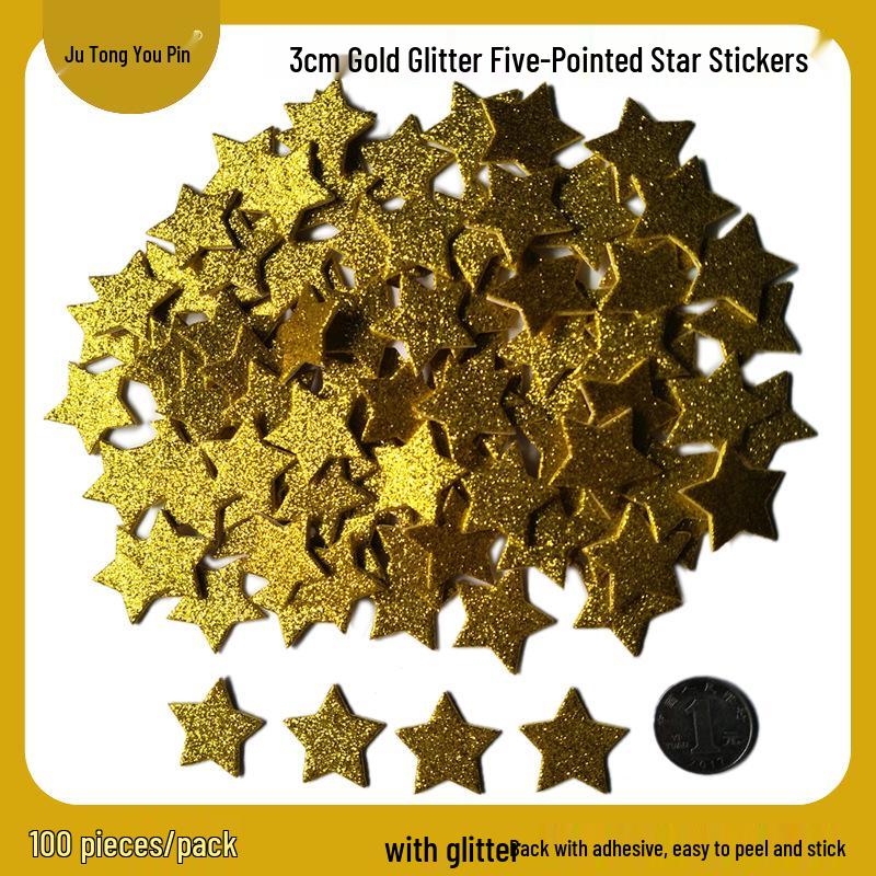 Gold Glitter Five-Pointed Star Foam Stickers for Kindergarten - Small EVA Geometric Shapes